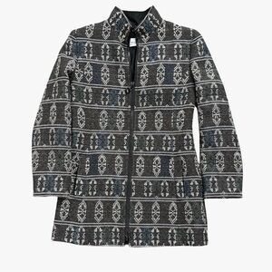 Akris Punto Wool Blend Zip Front‎ Coat Charcoal Ivory Blue Pattern Sz 6